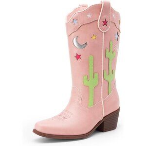 Girls Cowboy Boots Cowgirl Western Boots with Low Heel Square Toe for Little Kid
